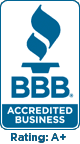 Better Business Bureau logo with accreditation rating A+.